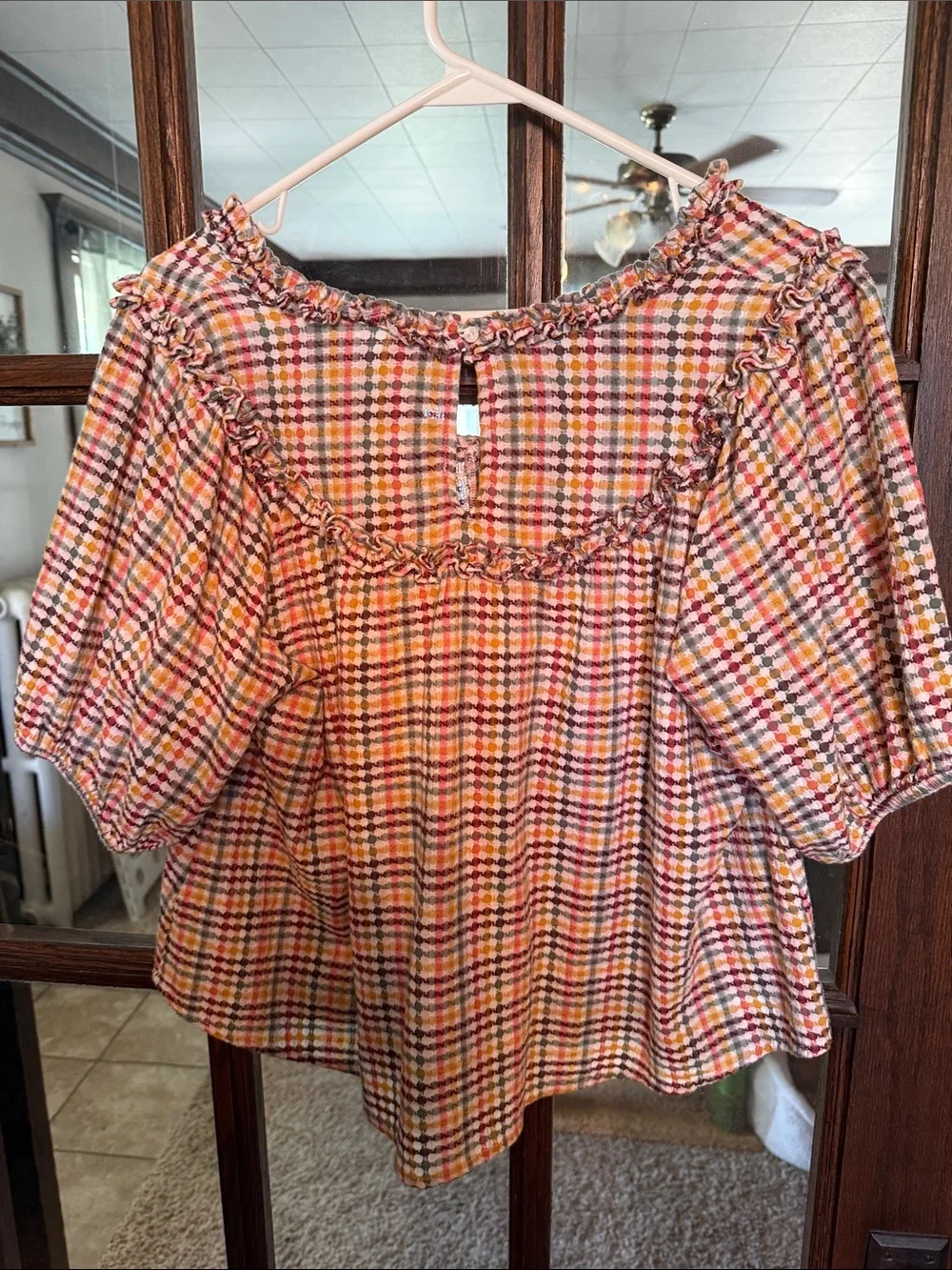 Old Navy Womens Ruffle V-Neck Blouse‎ Orange Yellow Blue Plaid Top Small